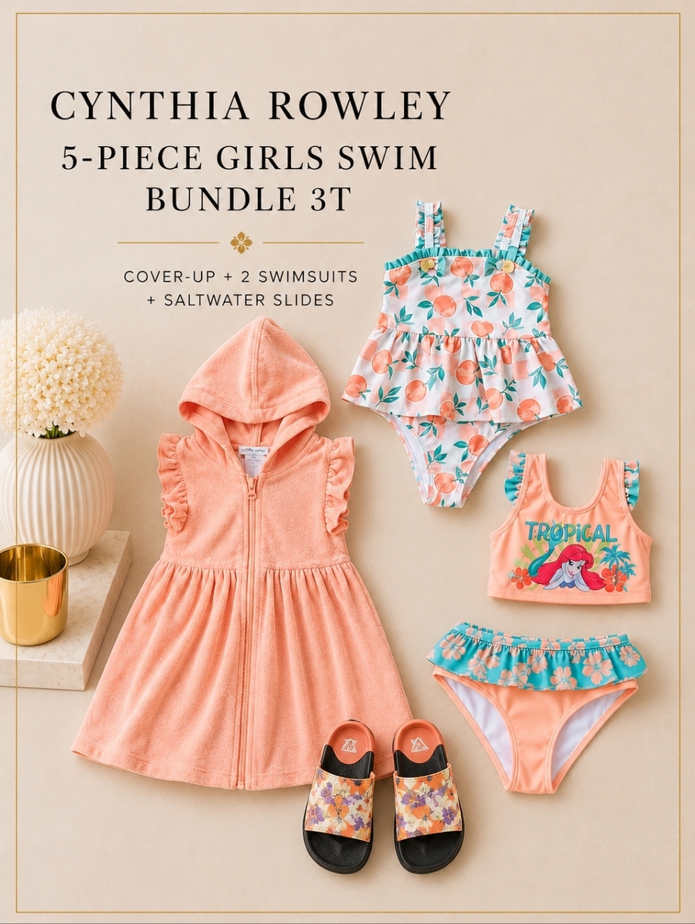 🍑 5-Piece Girls 3T Summer Swim Bundle | Cover-Up + 2 Swimsuits + Slides Size 7